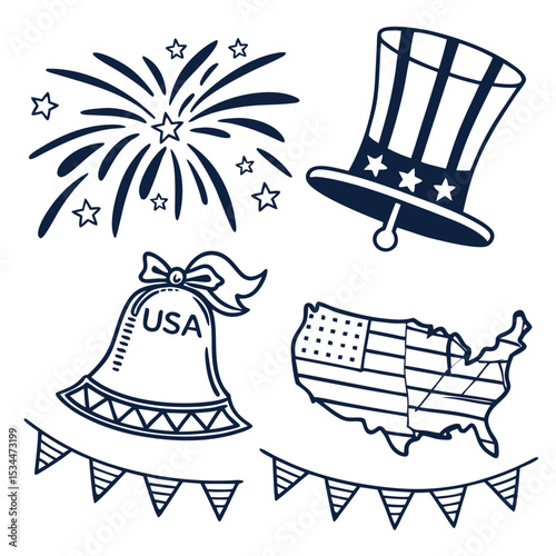 Fourth of July Symbols Line Art Fireworks Uncle Sam Hat Bell Bunting U S A Map