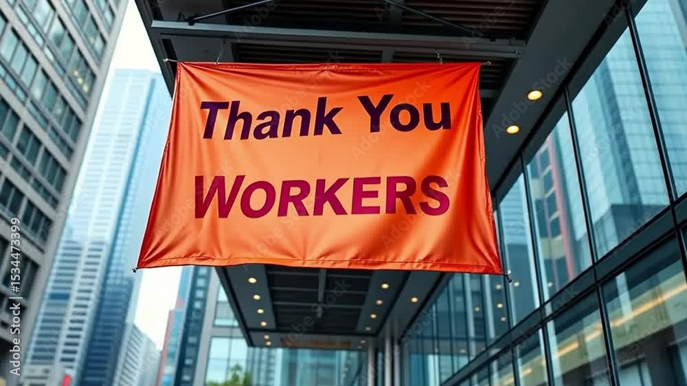 A large orange banner displays the message 'Thank You Workers' in bold black letters. The banner is hung in an urban setting with modern buildings in the background.