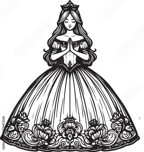 Black and white illustration of a queen with hands clasped wearing a gown and crown design style