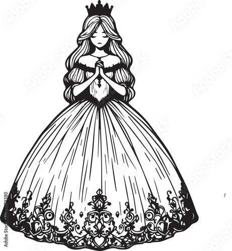 A stylized drawing of a queen with long hair wearing a crown and a large ornate dress in black and white
