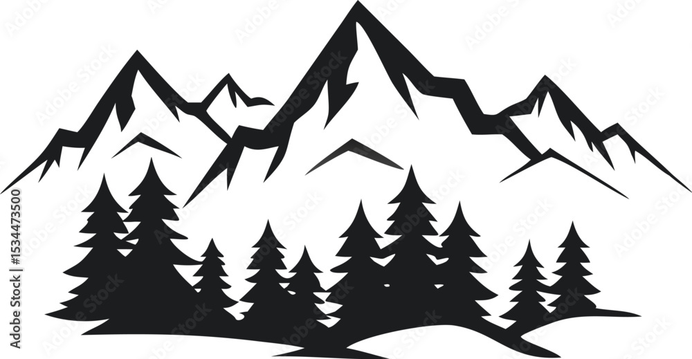Obraz premium A stylized black and white illustration of a mountainous landscape, featuring several peaks of varying heights.