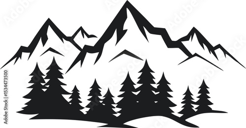 A stylized black and white illustration of a mountainous landscape, featuring several peaks of varying heights.