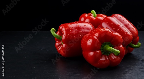 Fresh red bell peppers on a dark surface with water droplets  