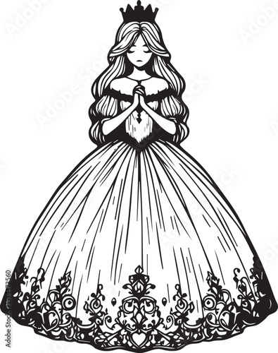 Black and white drawing of a princess with a crown and a long dress with hands clasped together