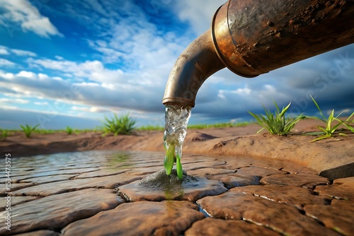Water flowing from a metal faucet into clear water with drops and smooth liquid flow photo