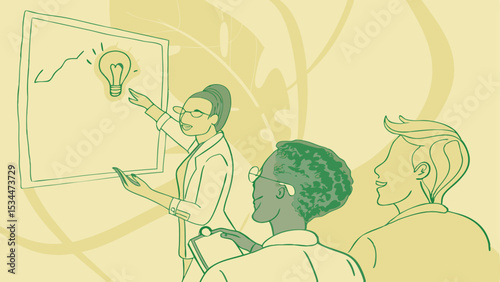 Collaborative presentation illustrating business ideas and innovation concept with team members brainstorming around a bright lightbulb