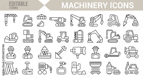 Set of machinery-related icons for construction and industrial work, including worker and equipment symbols.