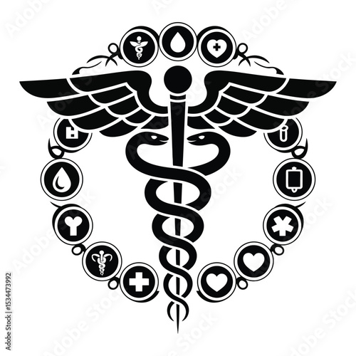 Healthcare caduceus and asclepius vector symbols in silhouette style, isolated medical icon design
