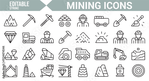 Mining-related icons for excavation, machinery, and diamond mining, ideal for industrial and construction applications.