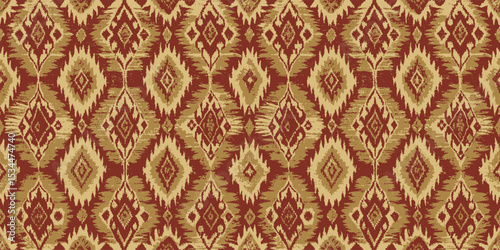 Intricate red and gold diamond patterned textile design.