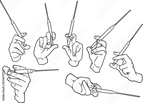 Detailed line art illustrations of hands holding a fine-tipped tool, suitable for depicting precise work, crafting, or artistic endeavors.