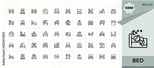 Bed icon set. Contains outline symbols like hostel, medical bedroom, rest and more. Medical Bed vector line icon set. Modern icons collection. Editable stroke. Vector illustration.