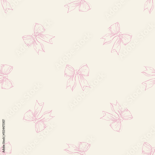 Girly pink ribbon bow vector seamless pattern in retro vintage style for wallpaper background, fabric design, scrapbooking. Flat blue girly illustrations
