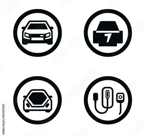 A set of four vector icons for an electric vehicle charging station, each depicting the iconography used in many cars to convey plugging into electricity