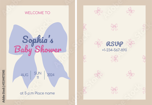 Baby birthday invitation card with cute ribbon bows in retro vintage whimsical style. Vector printable template design for newborn, baby.
