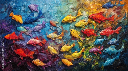 Vibrant colorful fish school painting, textured impasto style.