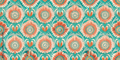 Vibrant floral pattern with peach and teal colors, ideal for textile design.