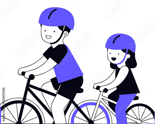Happy Little Kids Cycling Outdoors with Helmets, Cartoon Vector Illustration Isolated on White