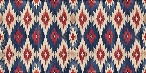 Colorful woven fabric pattern featuring bold geometric designs.