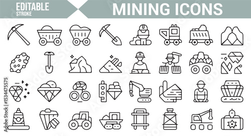 Simple vector icons depicting mining tools, equipment, and excavation machinery for mining and construction projects.
