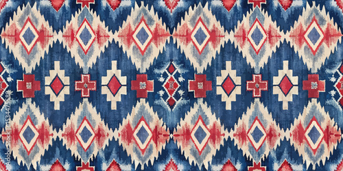 Vibrant geometric pattern in red, white, and blue tones on a textured background.