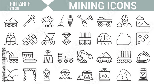 Collection of icons for mining, including shovels, pickaxes, carts, and heavy machinery for industrial use.

