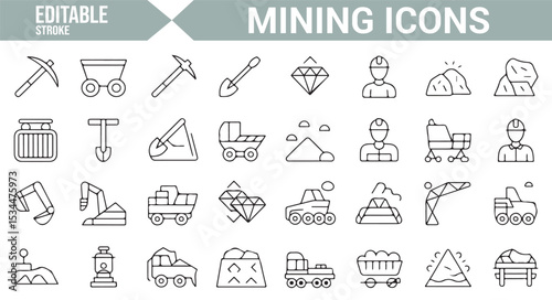 Set of mining-related icons representing tools, machinery, and excavation equipment for construction and industrial designs.