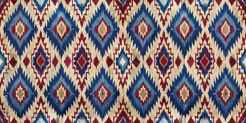 Vibrant diamond-patterned textile in rich reds and blues.