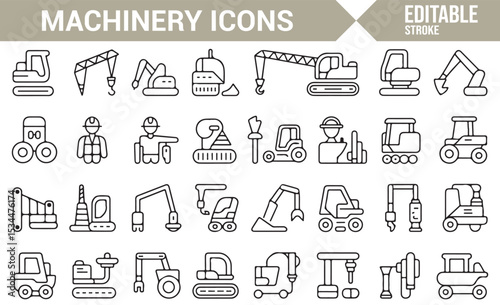 Icons representing construction machinery, such as bulldozers, excavators, cranes, and industrial tools.