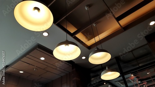 A row of modern hanging lamps at restaurant in Indonesia