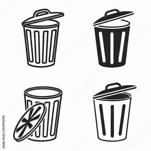Trash can icon set with various recycle and garbage bin symbols in vector style