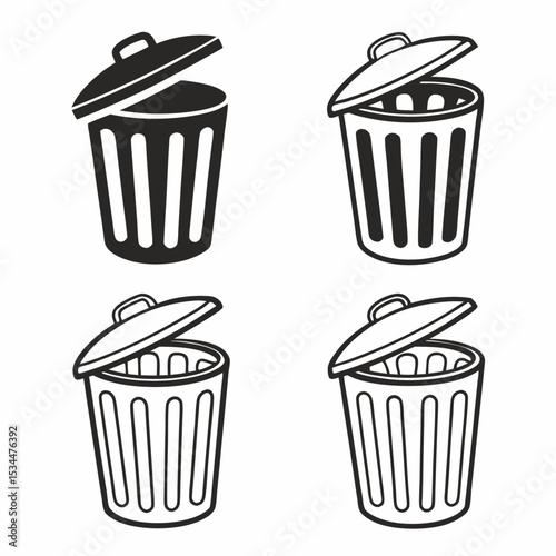 Trash can icon set with various garbage and recycling symbols