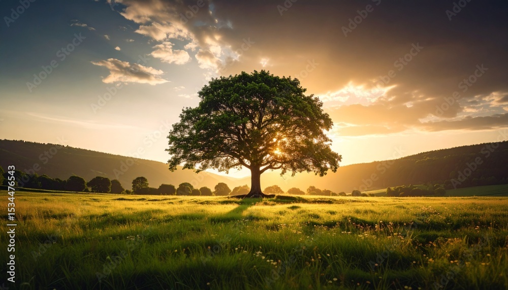 Fototapeta premium A stunning solitary tree stands in a vibrant green meadow, backlit by a breathtaking golden sunset. This image captures the serene beauty and grandeur of nature.