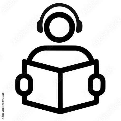 Simple icon of a person reading a book while wearing headphones, minimalistic design, educational concept, black and white illustration