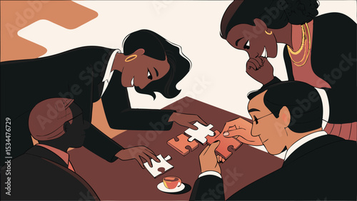 Diverse business team assembling jigsaw puzzle demonstrating collaboration problem solving and successful teamwork on a white background