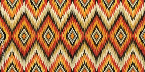 A vibrant zigzag pattern with rich oranges, yellows, and blacks in a tribal design.