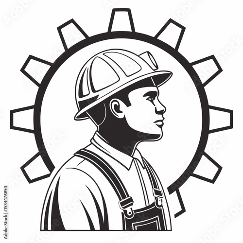 Retro vector illustration of a cartoon businessman or construction worker in a hard hat