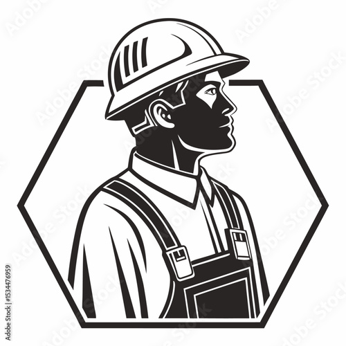 Cartoon vector illustration of a construction worker in a hard hat and uniform