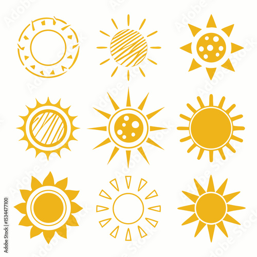 This bright collection of yellow sun icons vividly illustrates summer weather and solar light
