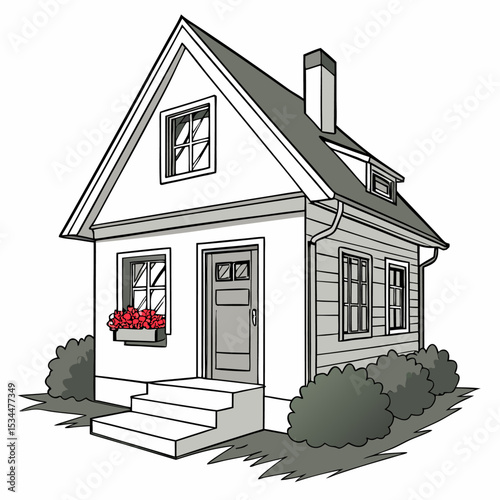 White background residential house models with various architectural designs including roof details and beachside settings are ideal for real estate and construction illustrations