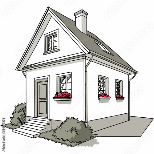 Architectural 3D model of a residential building with a red roof on a white background, ideal for real estate or construction design