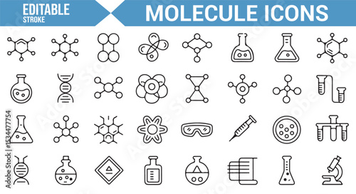 Set of icons representing molecular structures, chemical bonds, and laboratory tools for scientific and educational projects.

