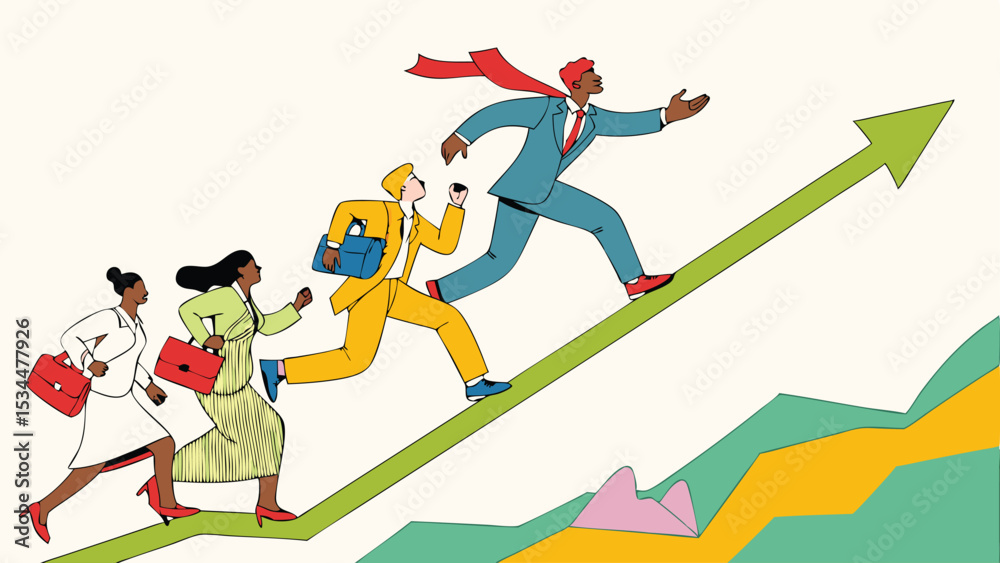 Obraz premium Diverse Business Professionals Running Upward on Growth Arrow Vector Illustration for Corporate Success, Financial Progress & Career Development (EPS)