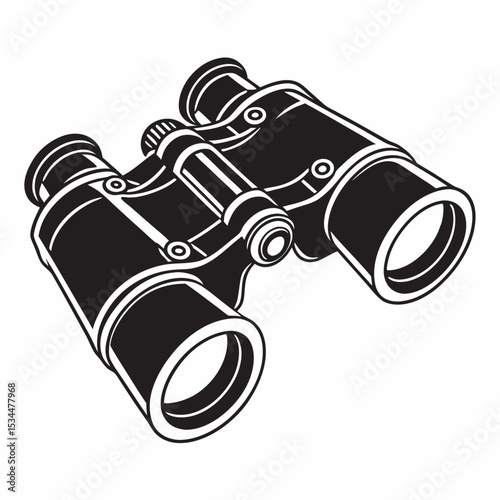 Old black optical instrument, opera glasses, or binoculars with a lens, for looking and watching, isolated on white