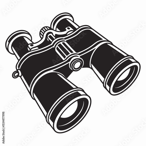 Old black optical binoculars with glass lenses isolated on a white background, perfect for a vintage view or military surveillance