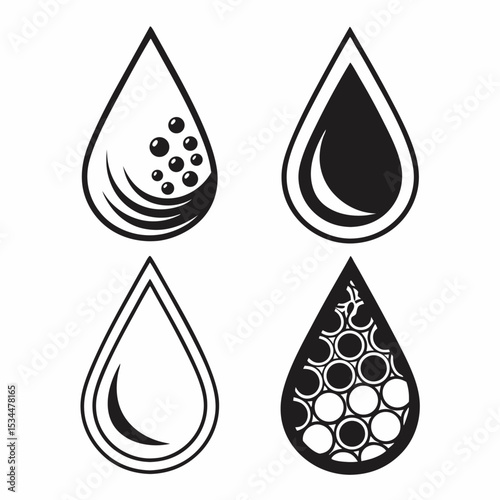 A vector set of water drop icons illustrating clean, liquid nature with reflection and dew elements