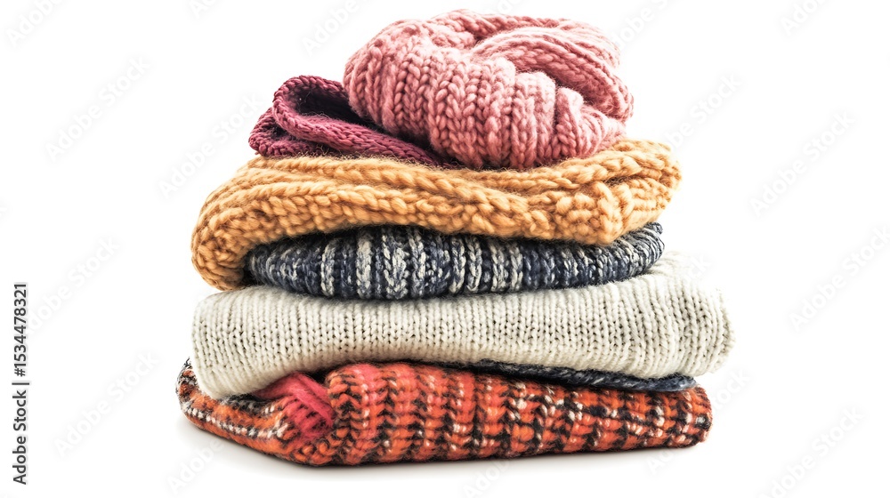 Stacked Sweaters on White Background Folded Knitwear Autumn Colors Warm Apparel Wool Clothing Stacked Sweaters on White Background Folded Knitwear Autumn Colors Warm Apparel Wool Clothing