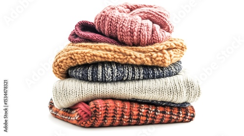 Stacked Sweaters on White Background Folded Knitwear Autumn Colors Warm Apparel Wool Clothing