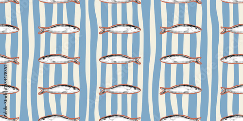 Italian halftone sardine seamless pattern with vintage fish illustration and wavy blue stripes. Nautical Mediterranean seafood design for fabric, wallpaper, packaging, or kitchen decor.