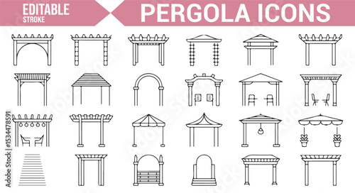 Vector icons of pergolas, arches, and garden structures for outdoor spaces and landscape projects.